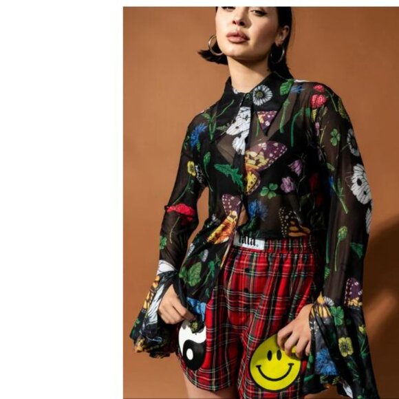 Dressed in LALA Tops - New Dressed In LaLa Paris for the Weekend Mesh Button Up Folklore Florals Top